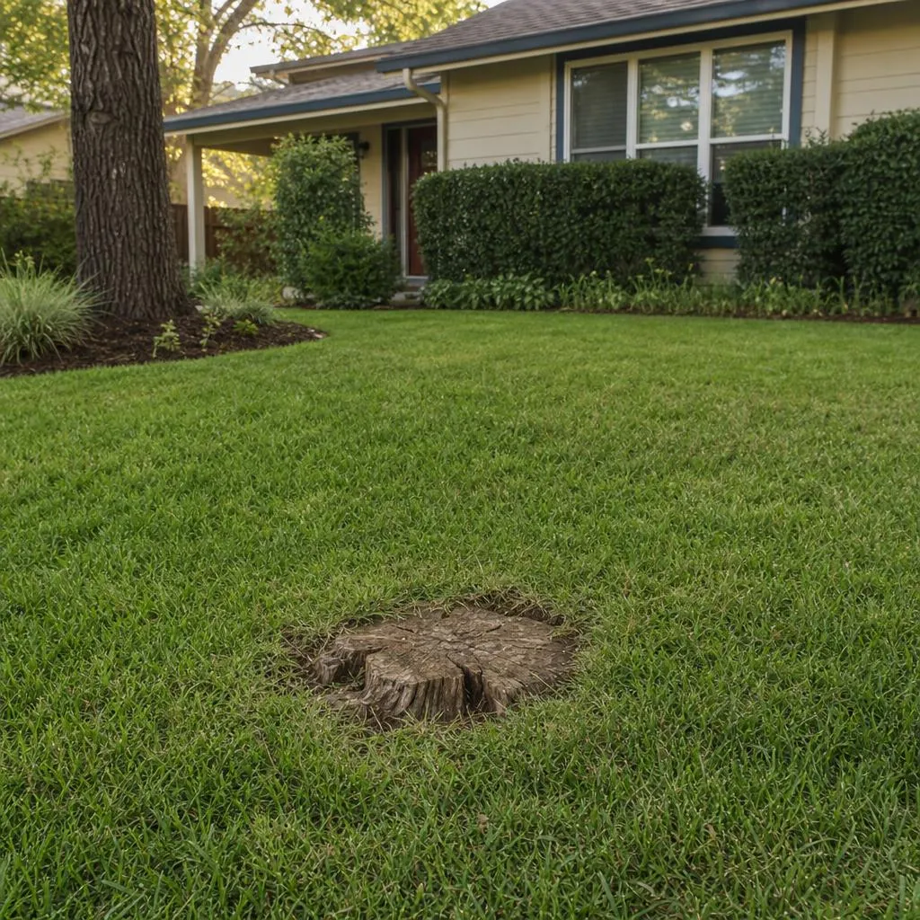 Low tree stump hidden in a mowed backyard lawn as a trip and mower hazard