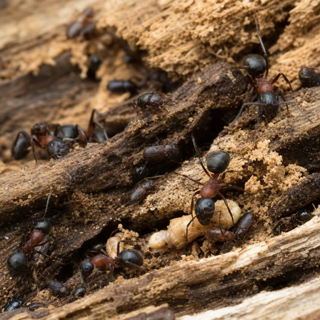 Ants and beetles crawling over the decaying wood of a backyard stump