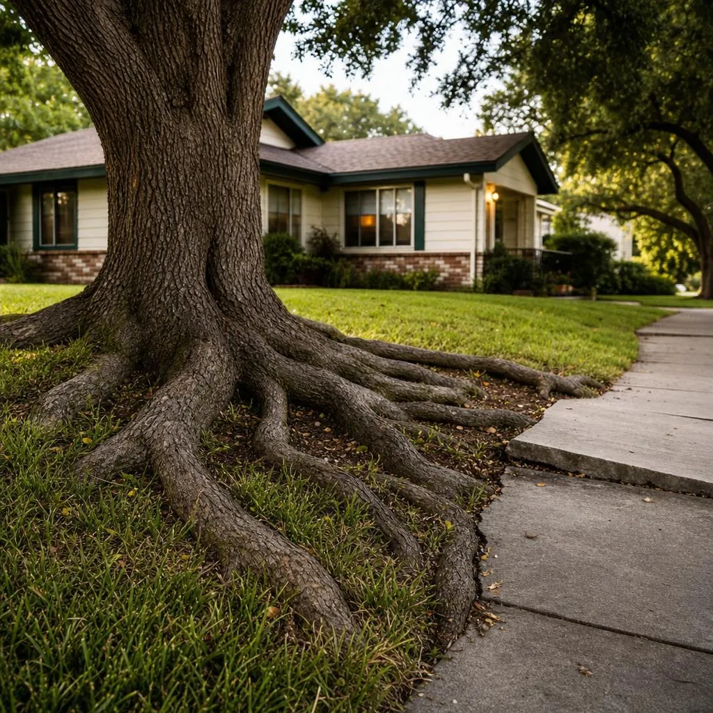 Surface roots off an old stump lifting and cracking a lawn and walkway