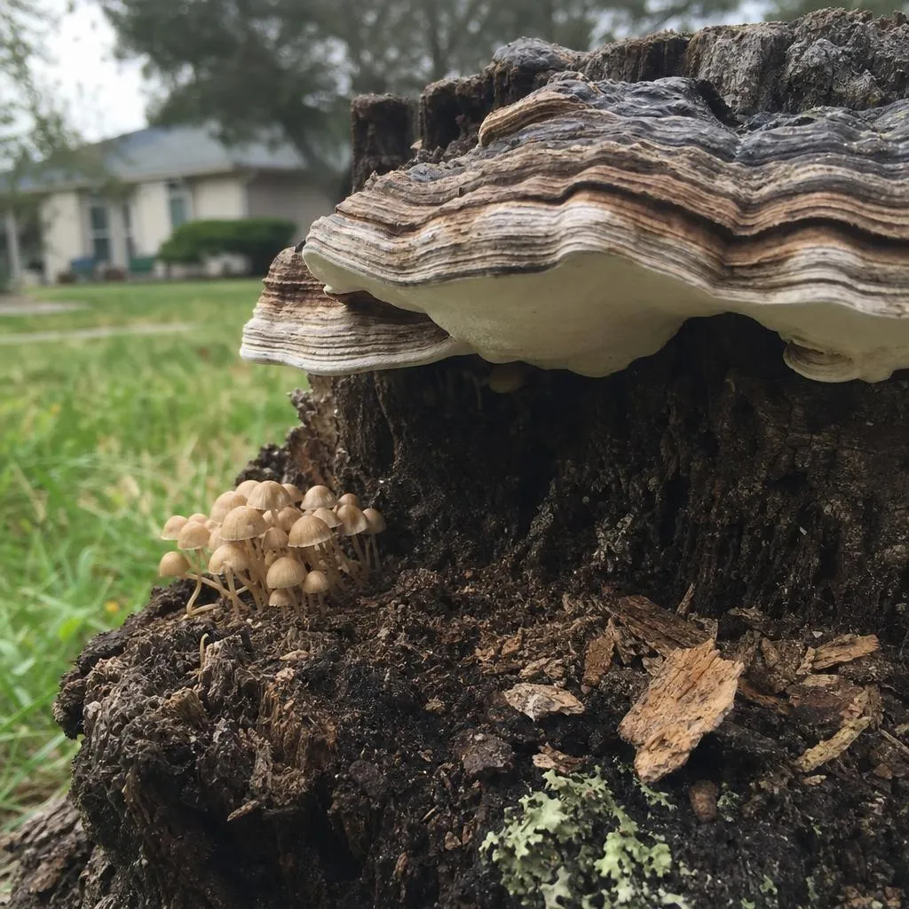 Shelf fungus and mushrooms growing on a soft, decaying tree stump
