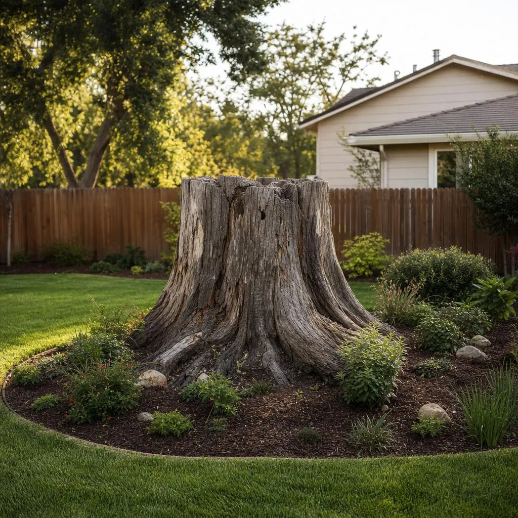 Old stump taking up open, usable space in a suburban backyard