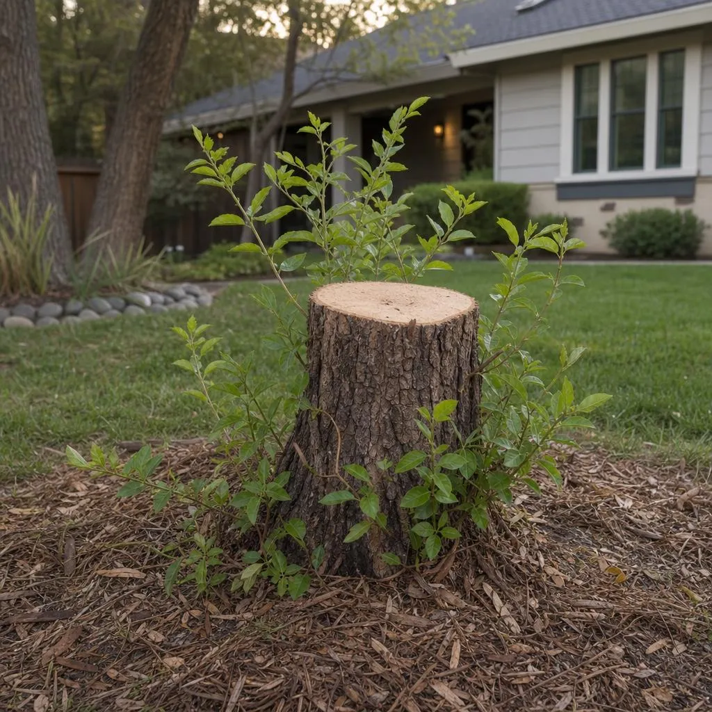 Green suckers and new shoots sprouting in a ring around an old tree stump