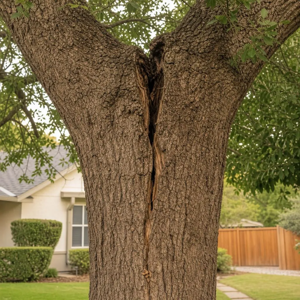 Split trunk at the union where a tree’s major limbs meet