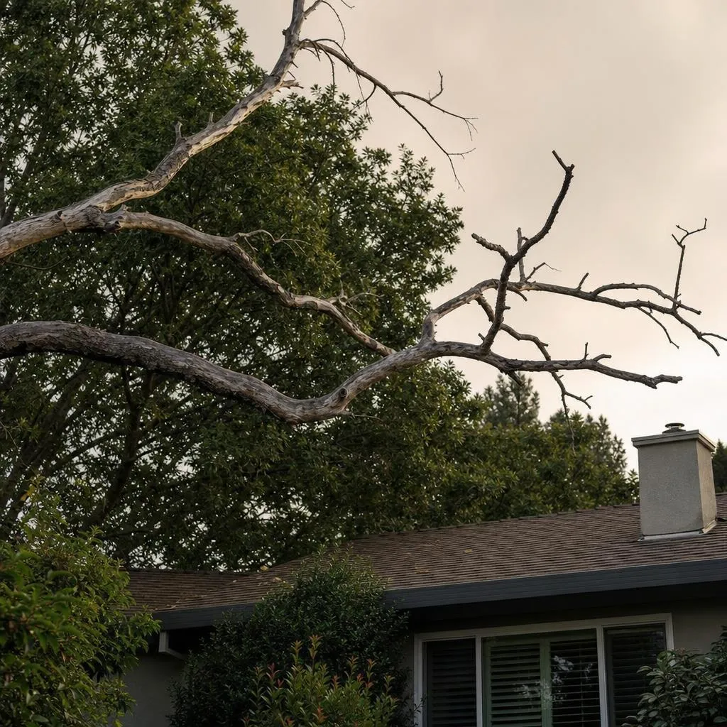 Dead tree limbs hanging over a Sacramento-area home’s roofline