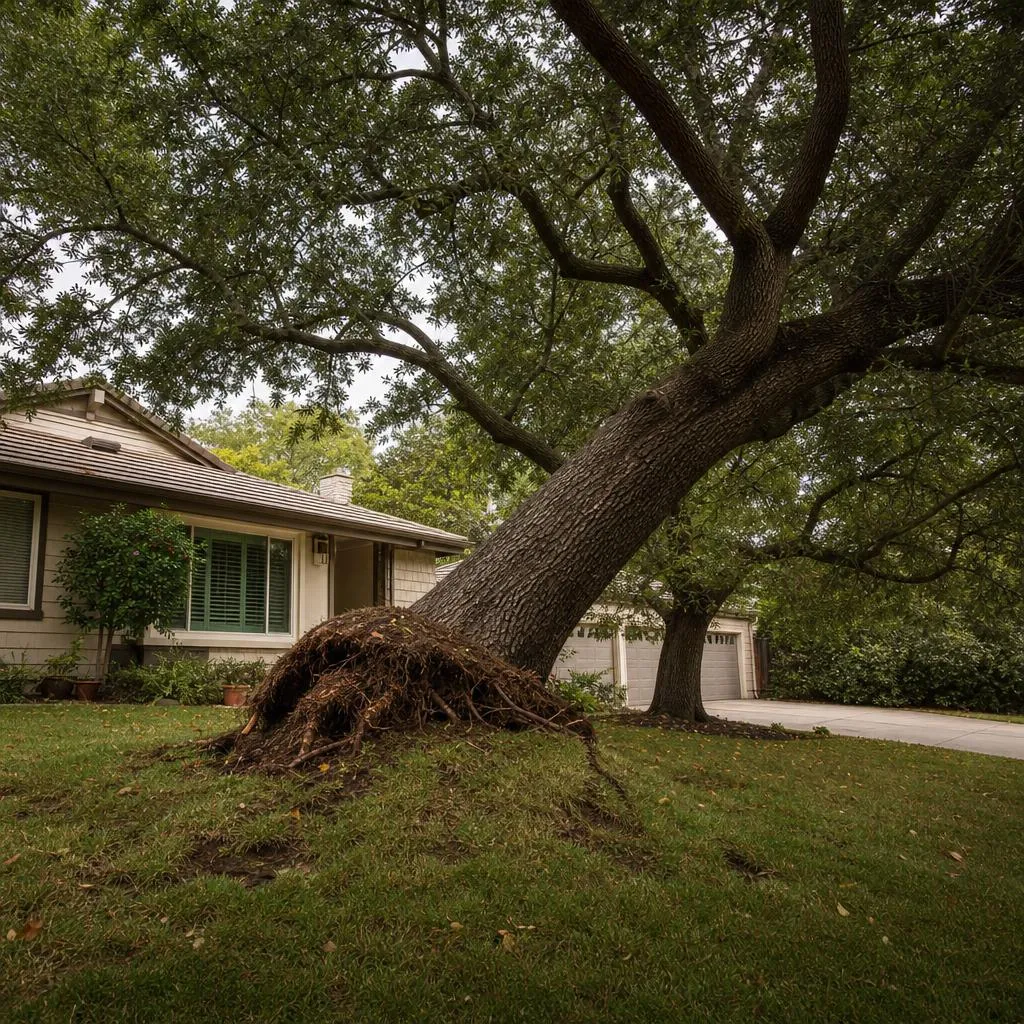 Leaning oak with lifted, heaving roots in a Sacramento-area front yard