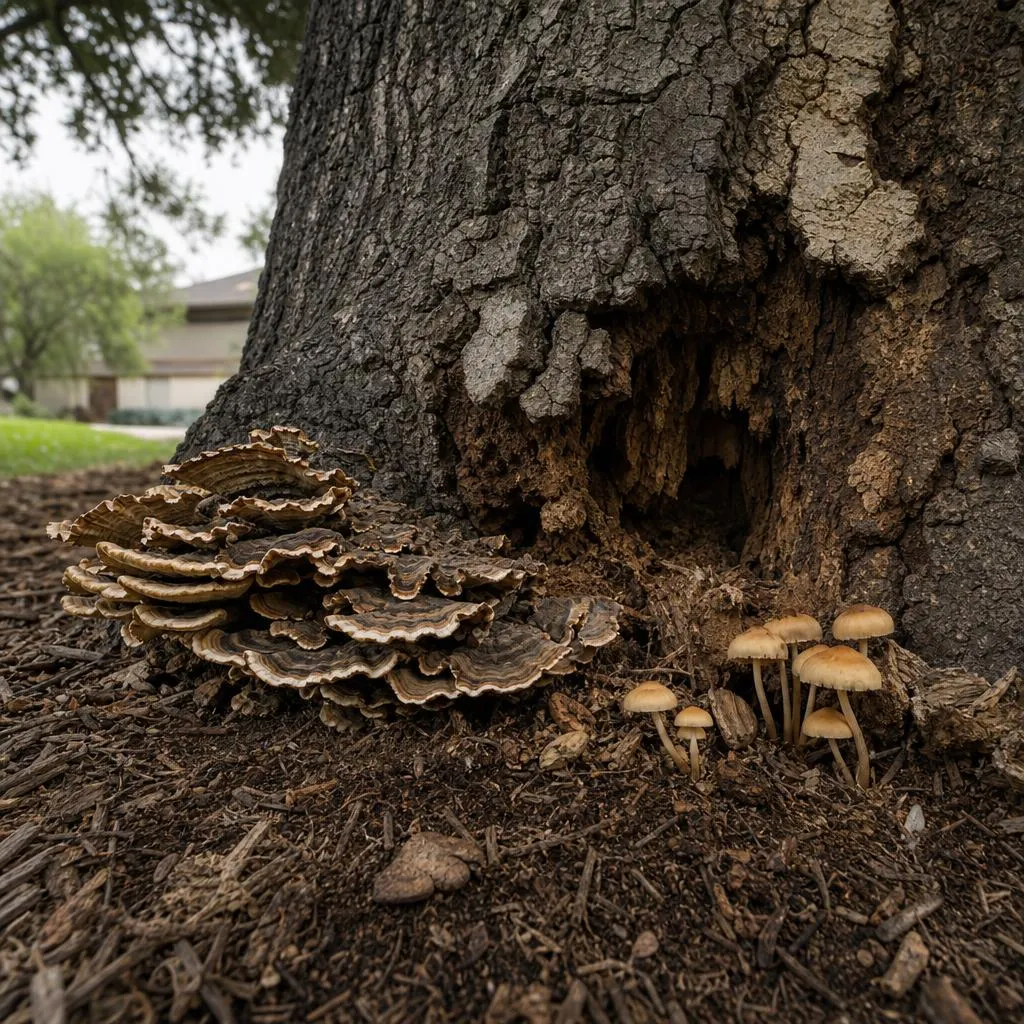 Shelf fungus and mushrooms at the base of a decaying tree