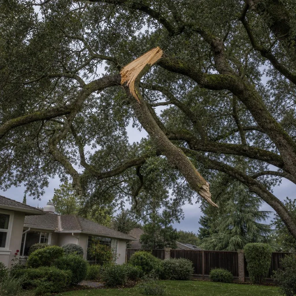 Storm-broken limb hung up in an oak canopy over a yard