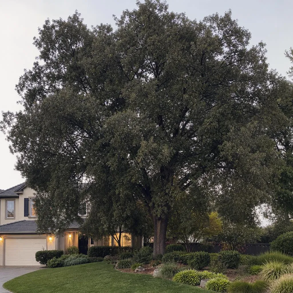 Dense, unthinned oak canopy in a Sacramento-area front yard