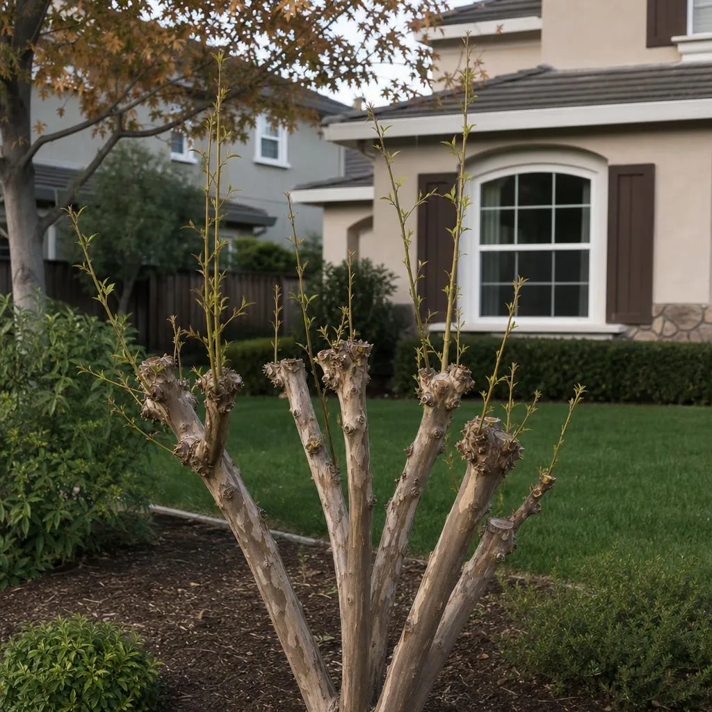 Crape myrtle topped into knuckled stubs in a Sacramento-area yard
