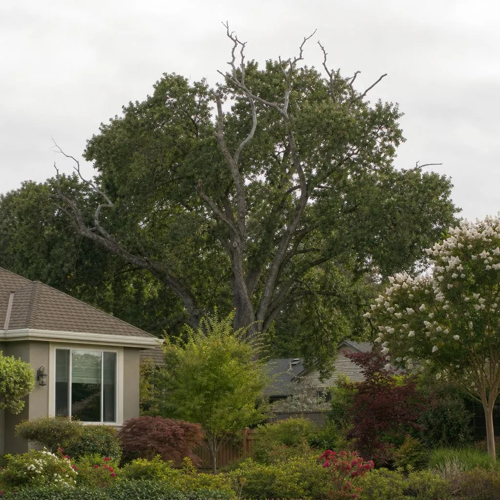 Dead gray limbs standing out in a Sacramento-area oak’s green canopy
