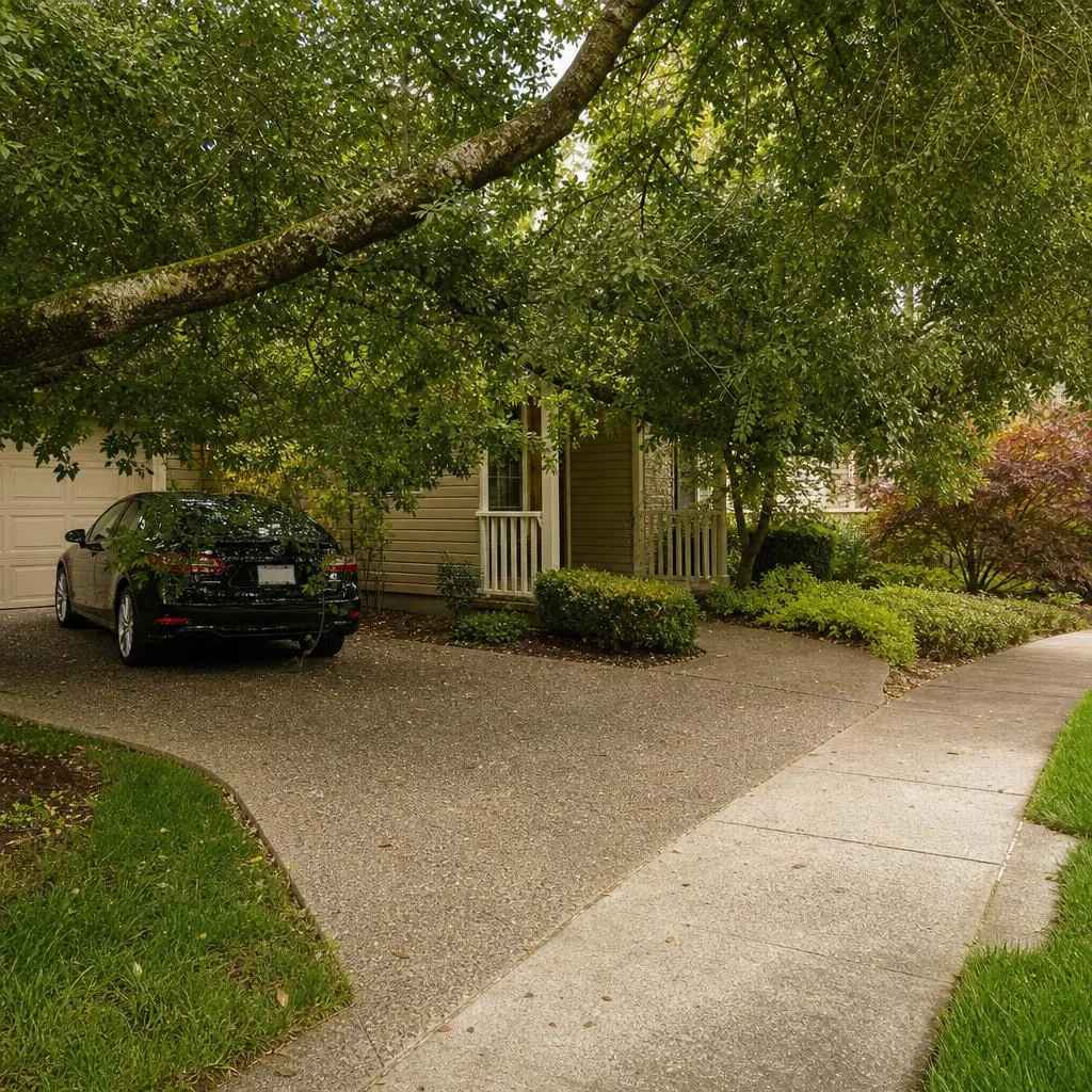 Low tree limbs hanging over a Sacramento-area driveway and walkway