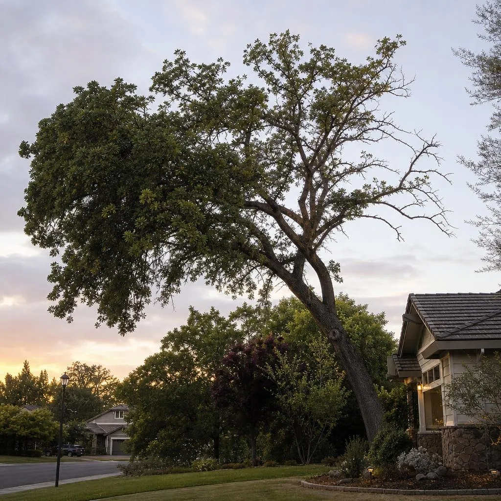 Lopsided oak leaning heavy to one side beside a Sacramento-area home