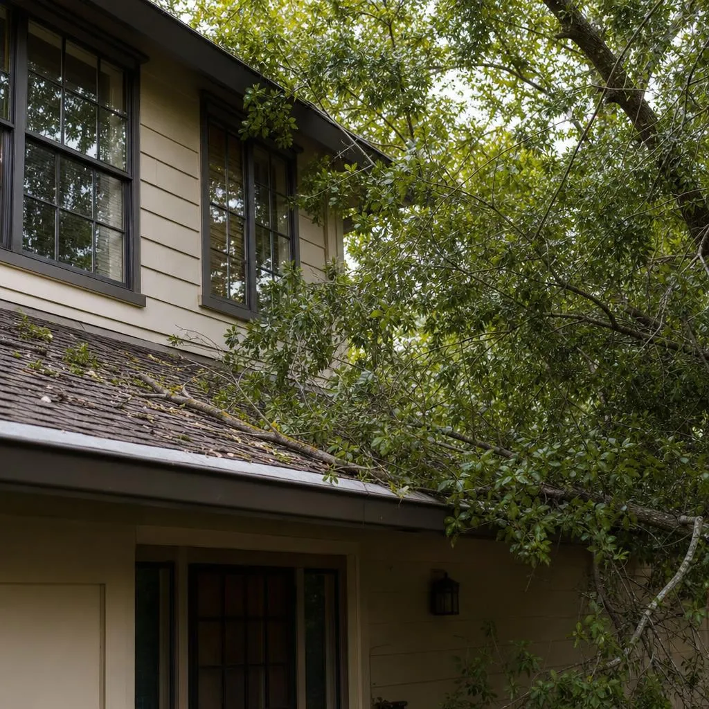 Overgrown branches scraping the roofline and gutter of a Sacramento-area home